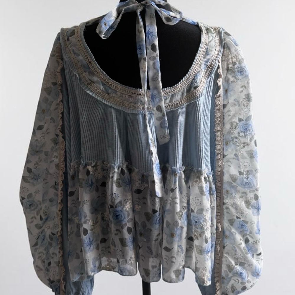 Womens Pol Powder Blue Floral Blouse L - Picture 11 of 16